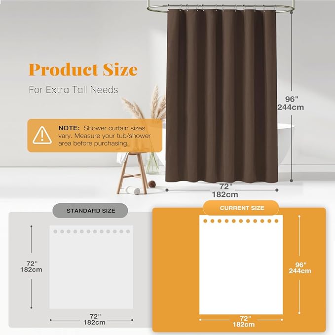 BTTN Fabric Shower Curtain, Linen Textured Heavy Duty Polyester Cloth Shower Curtain Set with Plastic Hooks, Brown, 72x96