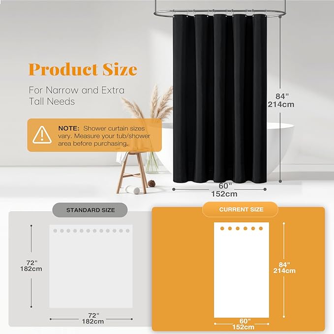 BTTN Stall Fabric Shower Curtain - 60x84 Inch Long Linen Textured Heavy Duty Shower Cloth Curtain Set with 10 Plastic Hooks, Narrow Decorative Neutral Waterproof Shower Curtains for Bathroom, Black