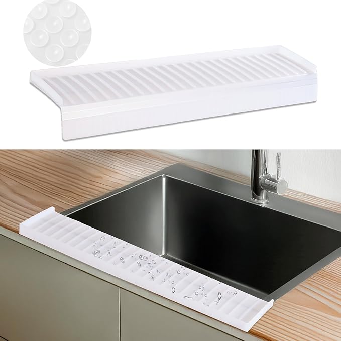 Sink Edge Protector with Suction Cup 4"x24", Silicone Sink Splash Guard for Kitchen & Bathroom, Protect Countertop from Scratches, Stains, for Stainless Steel Granite Quartz-Clear