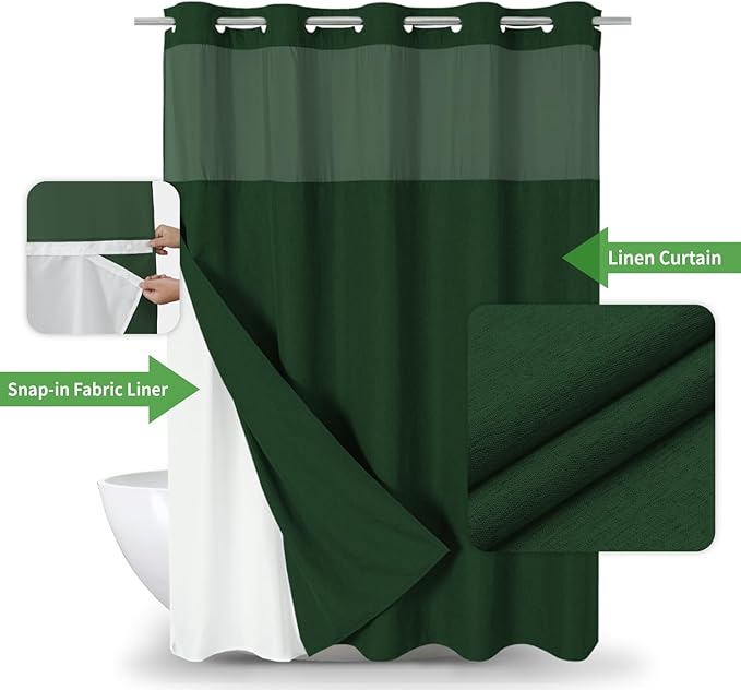 Long No Hooks Needed Linen Textured Shower Curtain with Snap-in Fabric Liner Set,Hotel Luxury Decor Shower Curtains for Bathroom,Waterproof & Washable,71Wx80H,Emerald Green