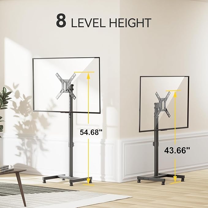 AM alphamount TV Floor Stand for 13-43 inch Flat/Curved TVs up to 44 lbs, 8 Level Height Adjustable Monitor Floor TV Stand with VESA 200x200, Portable TV Mount Stand for Living Room, Bedroom, Office