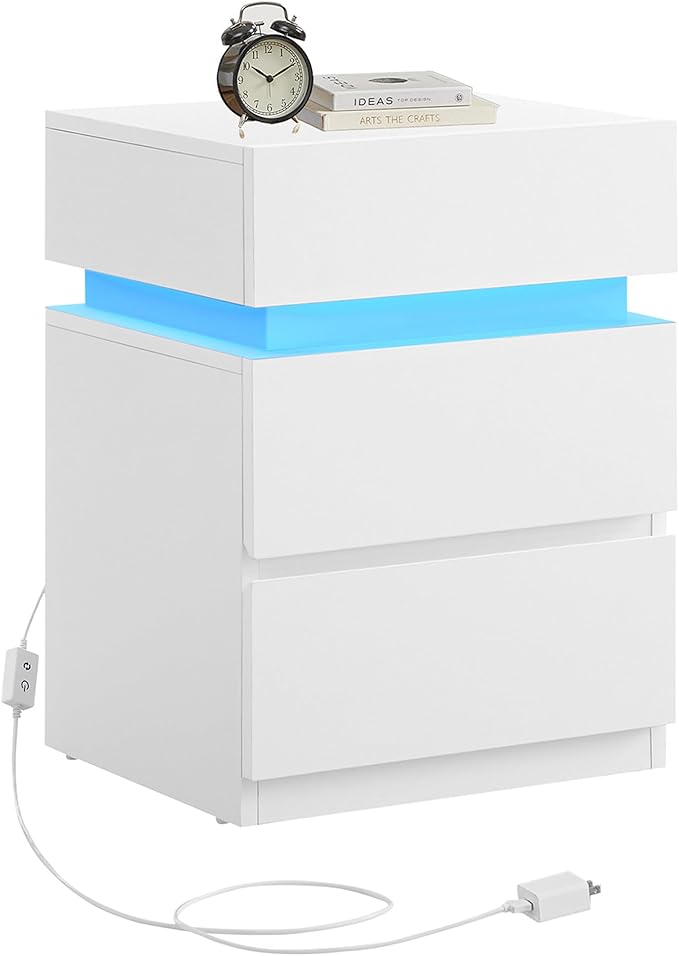 VASAGLE Nightstand with LED Lights, Adjustable Light Colors, Bedside Table, Side Table with 3 Drawers, Modern Style, 13.8 x 15.7 x 21.7 Inches, Cloud White LET630T12