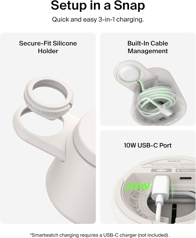 Belkin 3-in-1 Wireless Charging Station for Samsung Galaxy S26, Android - Qi2.2 25W Magnetic Charger for Pixel 10, iPhone 17, USB C Port for Galaxy, Pixel, & Apple Watch (Watch Charger Not Included)