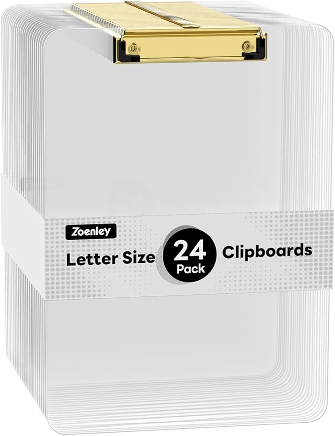 Clear Plastic Clipboard Set of 24, 12.5 x 9'' Letter Size for Classroom, Students, Teacher, Nurse, A4 Transparent 8.5 x 11'' Clip Board with Low Profile Golden Clip, Office & School Supplies