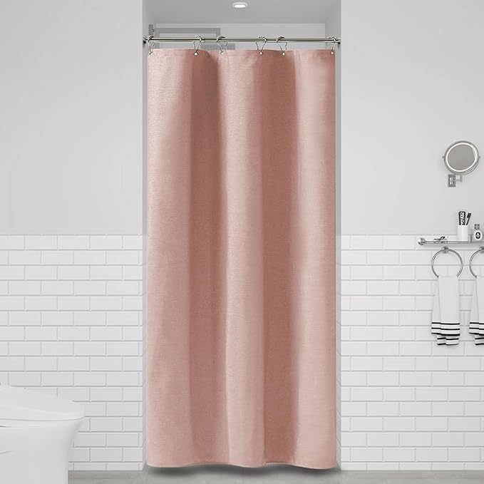 BTTN Stall Fabric Shower Curtain - 36x72 Inch Narrow Linen Textured Heavy Duty Shower Curtain Set with 6 Plastic Hooks, Half Neutral Minimalist Waterproof Shower Curtains for Bathroom - Blush Pink