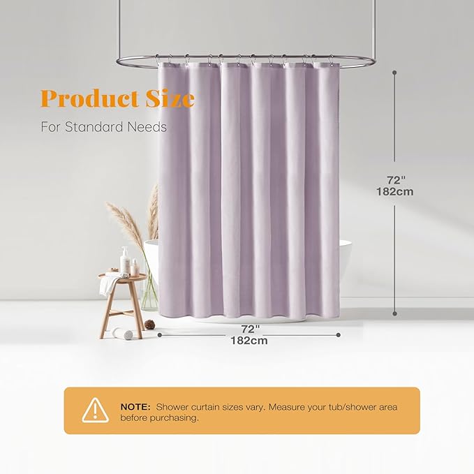 BTTN Lavender Shower Curtain - Linen Textured Heavy Duty Waterproof Cloth Shower Curtain Set with 12 Plastic Hooks, Hotel Spa Luxury Simple Decorative Thick Fabric Shower Curtains for Bathroom - 72x72