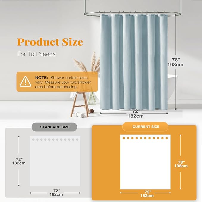 BTTN 78 Inch Long Shower Curtain - Linen Textured Weighted Fabric Shower Curtain Set with 12 Hooks, Tall Hotel Neutral Heavy Duty Waterproof Polyester Shower Curtains for Bathroom - 72x78 - Fog Blue