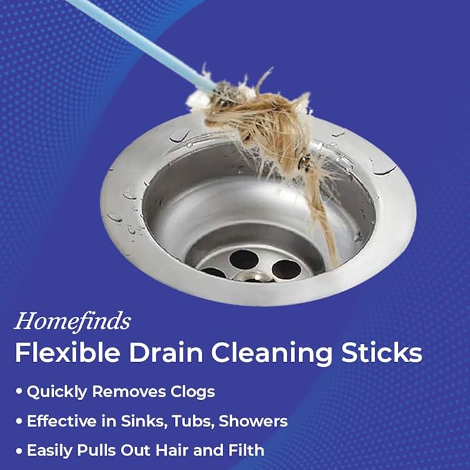 SAGEFINDS Flexible Drain Cleaning Sticks | Quickly Removes Clogs | Effective in Sinks, Tubs, Showers |Easily Pulls Out Hair and Filth | Long 19.5” Handle | Disposable | 12 Pack