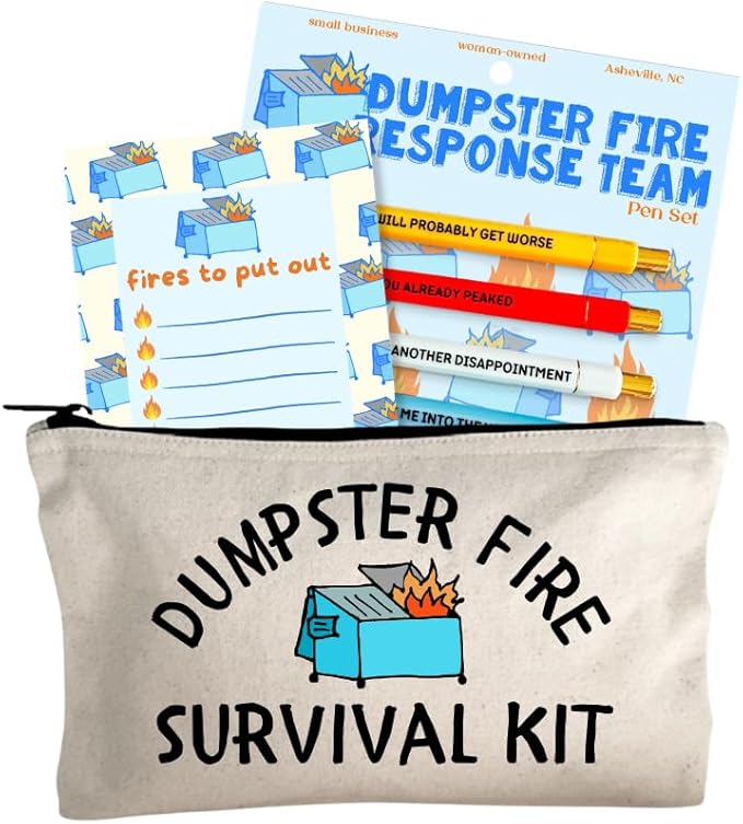 Moonlight Makers Funny Office Supplies Gift Set - Dumpster Fire Pen Set, Fires To Put Out Notepad, Survival Kit Zipper Pouch - Cute Stationery Sets for Women, Funny Gifts for Friends and Coworkers
