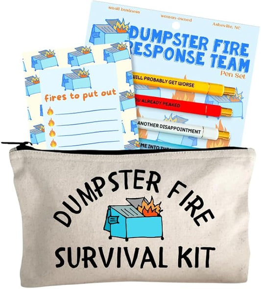 Moonlight Makers Funny Office Supplies Gift Set - Dumpster Fire Pen Set, Fires To Put Out Notepad, Survival Kit Zipper Pouch - Cute Stationery Sets for Women, Funny Gifts for Friends and Coworkers