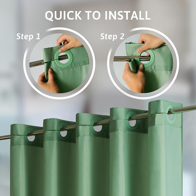 Furlinic Grey Green Shower Curtain No Hooks Needed,Soft Fabirc Bathroom Curtain with 8 Plastic Built-in Grommets,Modern Luxury Hotel Style,Waterproof & Washable,60x72 Inch.