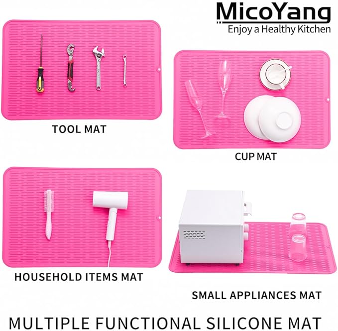Silicone Dish Drying Mat for Multiple Usage,Easy clean,Eco-friendly,Heat-resistant Silicone Mat for Kitchen Counter or Sink,Refrigerator or Drawer Liner Rose 3XL 28 inches x 18 inches
