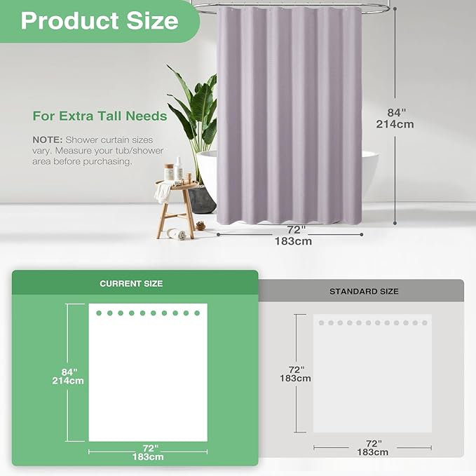 Dynamene Extra Long Shower Curtain - 84 Inch Long Waffle Weave Heavy Duty Fabric Bathroom Shower Curtain, Neutral Weighted Hotel Thick Bath Curtain Set with 12 Plastic Hooks,72x84, Lavender