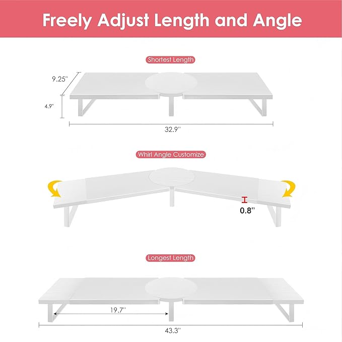 Dual-Monitor-Riser-Stand-For-Desk, Large Monitor Stand Riser For 2 Monitors With Adjustable Length Angle, Double Computer Riser For Desktop Organizer, Monitor Shelf Riser