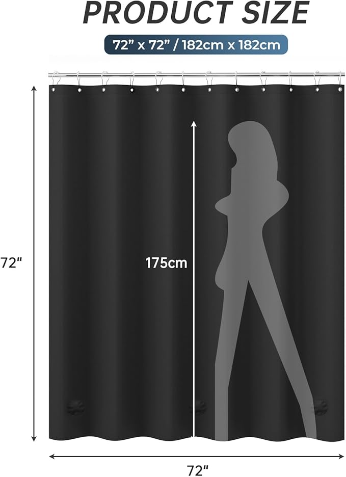 AmazerBath Plastic Shower Curtain Liner, 72 x Inches EVA 8G Heavy Duty Black Waterproof Weighted Thick Bathroom with 3 Clear Weights and 12 Rustproof Grommet Holes
