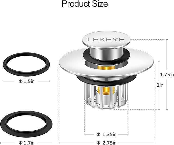 LEKEYE Tub Stopper | Shower Drain Hair Catcher | Pop-up Drain Stopper with Strainer | Bathroom Bathtub Plug | Drain Protector for 1-1/2 to 1-3/4" Bath Drain Hole - Pearl Chrome