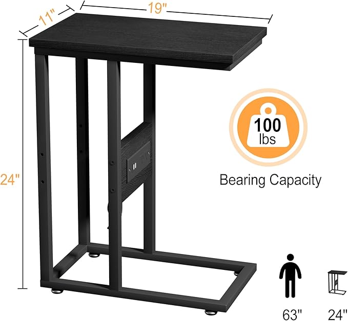 VECELO C Shaped End Table with Charging Station & Power Outlets, Quick Access Side Table for Sofa, C Bedside for Living Room Bedroom 2 Set,Black