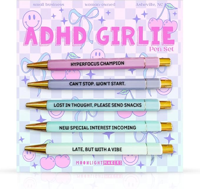 Moonlight Makers Funny Pens and Notepad Stationery Set - Set of 5 ADHD Girlie Engraved Ballpoint Pens with Black Ink, I Came I Saw I Made A List Notepad, Cute Desk Supplies, Funny Work Gifts for Women