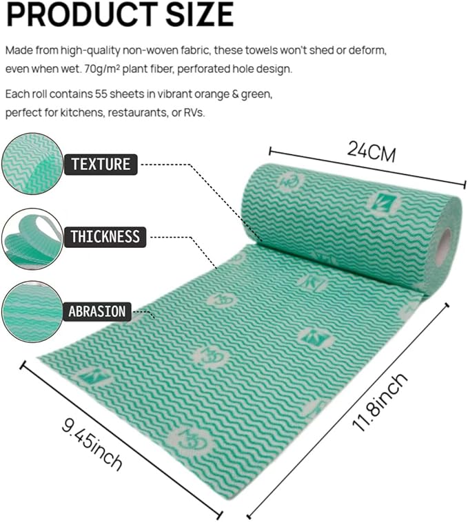 Lazy Cleaning Cloths, Disposable Microfiber Cloths, Reusable Dish Rags, Dry/Wet Use for Dishware, Countertops, Stove, Camping, RVs, Tearable Roll Design (55 Sheets, 9.45"x11.81",Green)