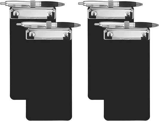 4 Pack Small Clipboards with Pen Holder 4X 8.66inch, Plastic Receipt Size Black Clipboard, Mini Clipboard with Retaining Clips, Narrow Memo Size Notepads for Tickets Home Restaurants Office School