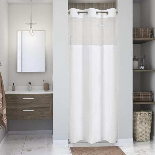 Stall No Hooks Needed Linen Textured Shower Curtain with Snap-in Fabric Liner Set,Hotel Luxury Decor Shower Curtains for Bathroom,Waterproof & Washable,48Wx74H,White