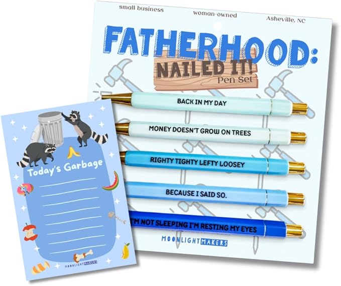 Moonlight Makers Funny Pens and Notepad Stationery Set - Set of 5 Fatherhood Nailed It Engraved Ballpoint Pens with Black Ink, Today's Garbage Notepad, Cute Desk Supplies & Funny Work Gifts for Women