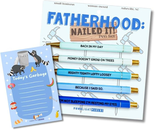 Moonlight Makers Funny Pens and Notepad Stationery Set - Set of 5 Fatherhood Nailed It Engraved Ballpoint Pens with Black Ink, Today's Garbage Notepad, Cute Desk Supplies & Funny Work Gifts for Women