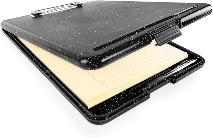 Clipboard with Storage Slim Folding for Nursing, Teachers, Coaches & Office, Plastic Heavy Duty with Pen Holder (9.5” x 13.5”) (Black White Splatter)