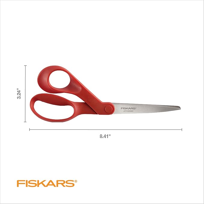 Fiskars Left-Handed Scissors, Precision Cutting for Craft Fabric Paper, Ergonomic Comfort Grip, Stainless Steel, 8", Red