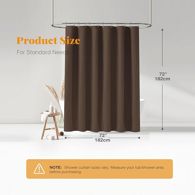 BTTN Brown Shower Curtain - Linen Textured Heavy Duty Waterproof Cloth Shower Curtain Set with 12 Plastic Hooks, Hotel Spa Luxury Simple Decorative Thick Fabric Shower Curtains for Bathroom - 72x72