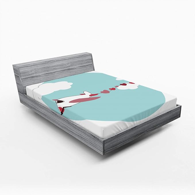 Ambesonne Airplane Fitted Sheet, Abstract and Romantic Sky Scene Along Hearts Streaming Behind, Bed Cover with All-Round Elastic Deep Pocket for Comfort, Full Size, Dried Rose and Pale Seafoam