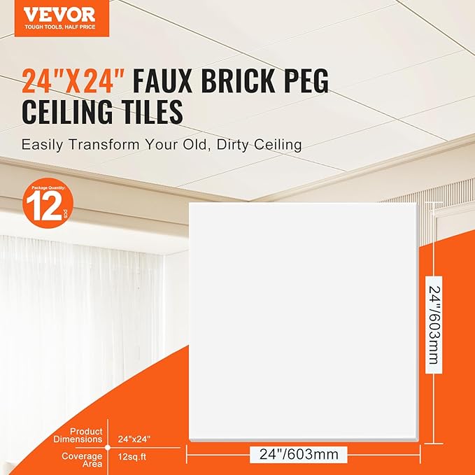 VEVOR 12-Pack 24 x 24 in Drop Ceiling Tiles - Premium PVC Foam Sheet, Fire-Rated & Flexible, Easy Installation, Home/Office Decoration, Smooth White