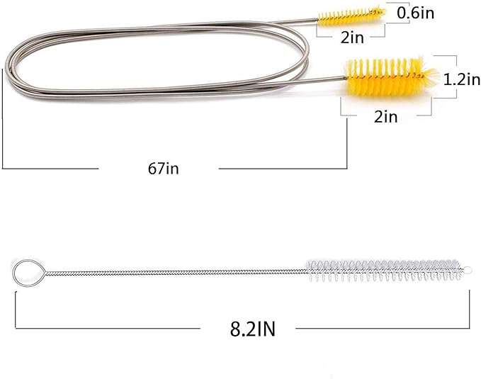 Flexible Drain Brush, Nylon Cleaner Double Ended Elastic Hose Pipe 67-inch and 2 PCS 8.2-inch Straw Cleaning Brush (Yellow)