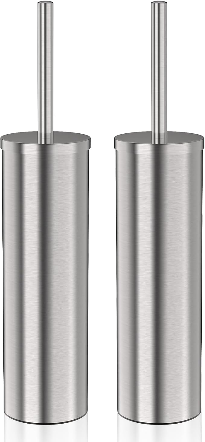 DOWRY Stainless Steel Freestanding Toilet Bowl Brush and Holder with Long Handle for Bathroom Storage Organization,Sturdy Deep Cleaning Toilet Bowl Cleaner,Nickel Round 2PCS