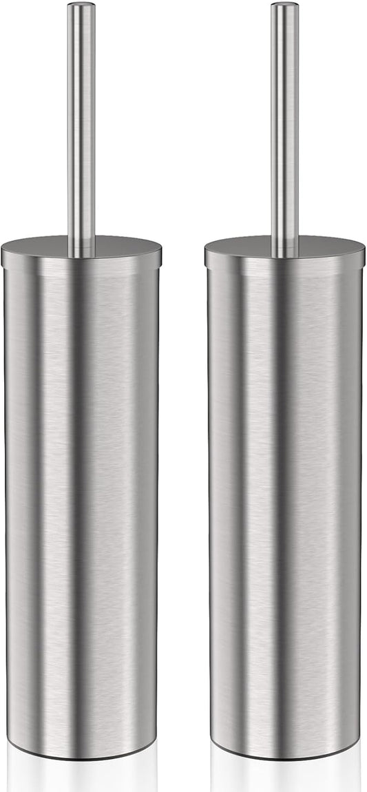 DOWRY Stainless Steel Freestanding Toilet Bowl Brush and Holder with Long Handle for Bathroom Storage Organization,Sturdy Deep Cleaning Toilet Bowl Cleaner,Nickel Round 2PCS
