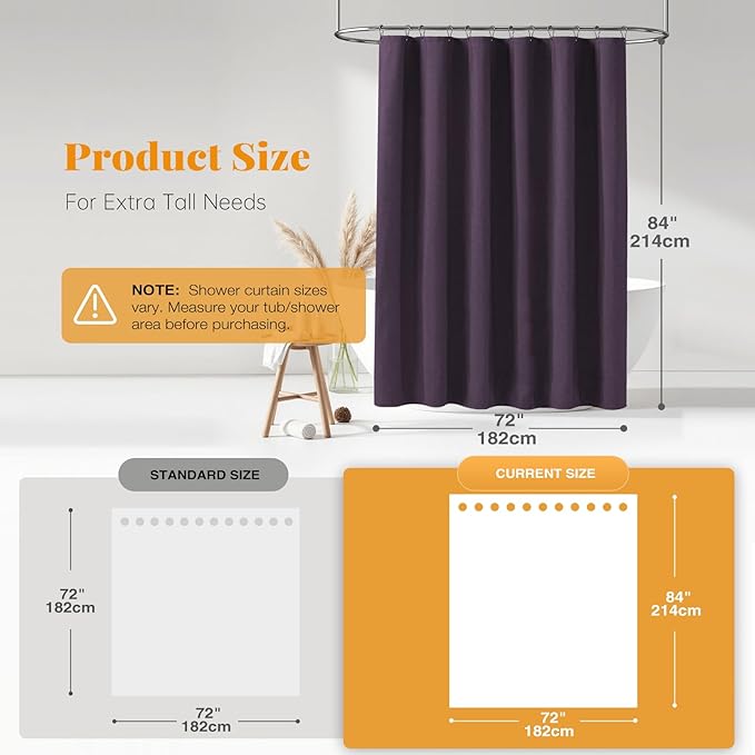BTTN Extra Long Shower Curtain - 72x84 Inches Long Linen Textured Heavy Duty Fabric Shower Curtain Set with 12 Plastic Hooks, Tall Luxury Simple Waterproof Cloth Shower Curtains for Bathroom - Purple