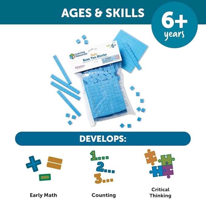 Learning Resources Base Ten Blocks Smart Pack - 121 Pieces, Ages 6+, Grades 1+, Math First Grade Games, School Supplies