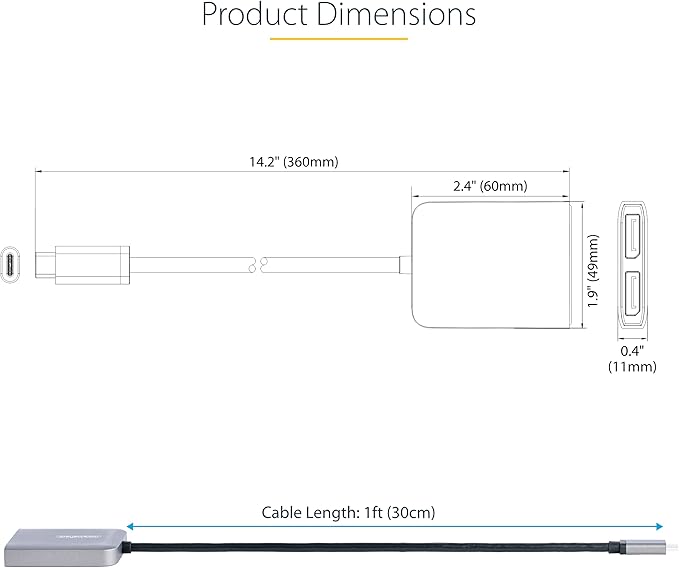 StarTech.com USB-C to Dual Displayport 1.4 Adapter, USB Type-C Muliti-Monitor MST Hub, Dual 5K 60Hz DP Laptop Display Extender / Splitter, HDR, Extra-Long Built-In Cable, Windows Only (MST14CD122DP)