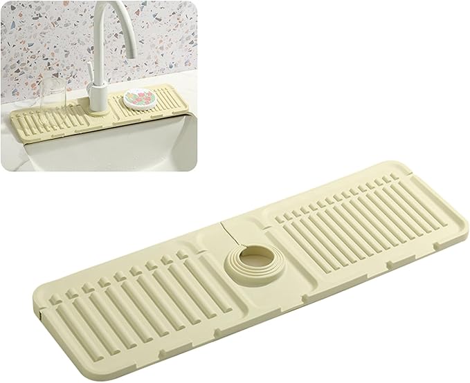 Faucet Mat for Kitchen Sink - 2024 Premium Upgrade: Enhanced Silicone Splash Guard with Rapid Drying & Dish Soap Sponge Holder, Perfect for Stone Sinks in Kitchen & Bathroom (Beige, 1 Pack)