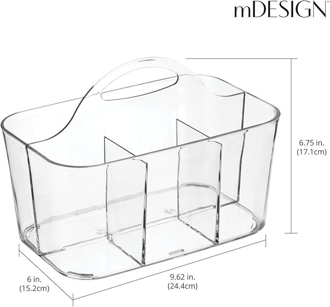 mDesign Plastic Portable Craft Storage Organizer Caddy Tote, Divided Basket Bin w/Handle - Craft, Sewing, Art Supplies - Holds Brushes, Colored Pencils - Lumiere Collection - Clear, 2 Pack