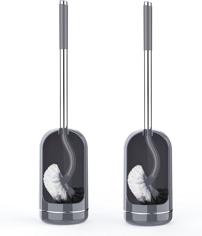 SetSail Toilet Brush and Holder Set, Compact Size Curved Toilet Bowl Brush for Bathroom Deep Cleaning with Stainless Steel Handle Toilet Cleaner Brush, Grey-2p