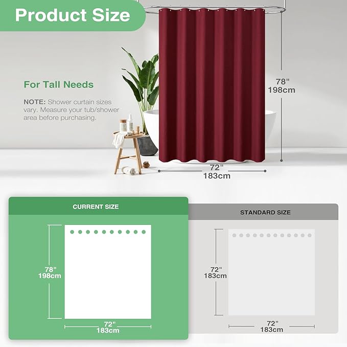 Dynamene Long Fabric Shower Curtain - 78 inch Long Waffle Weave Weighted Cloth Shower Curtains for Bathroom, Neutral Heavy Duty Hotel Spa Luxury Bath Curtain Set with 12 Plastic Hooks,72x78, Burgundy