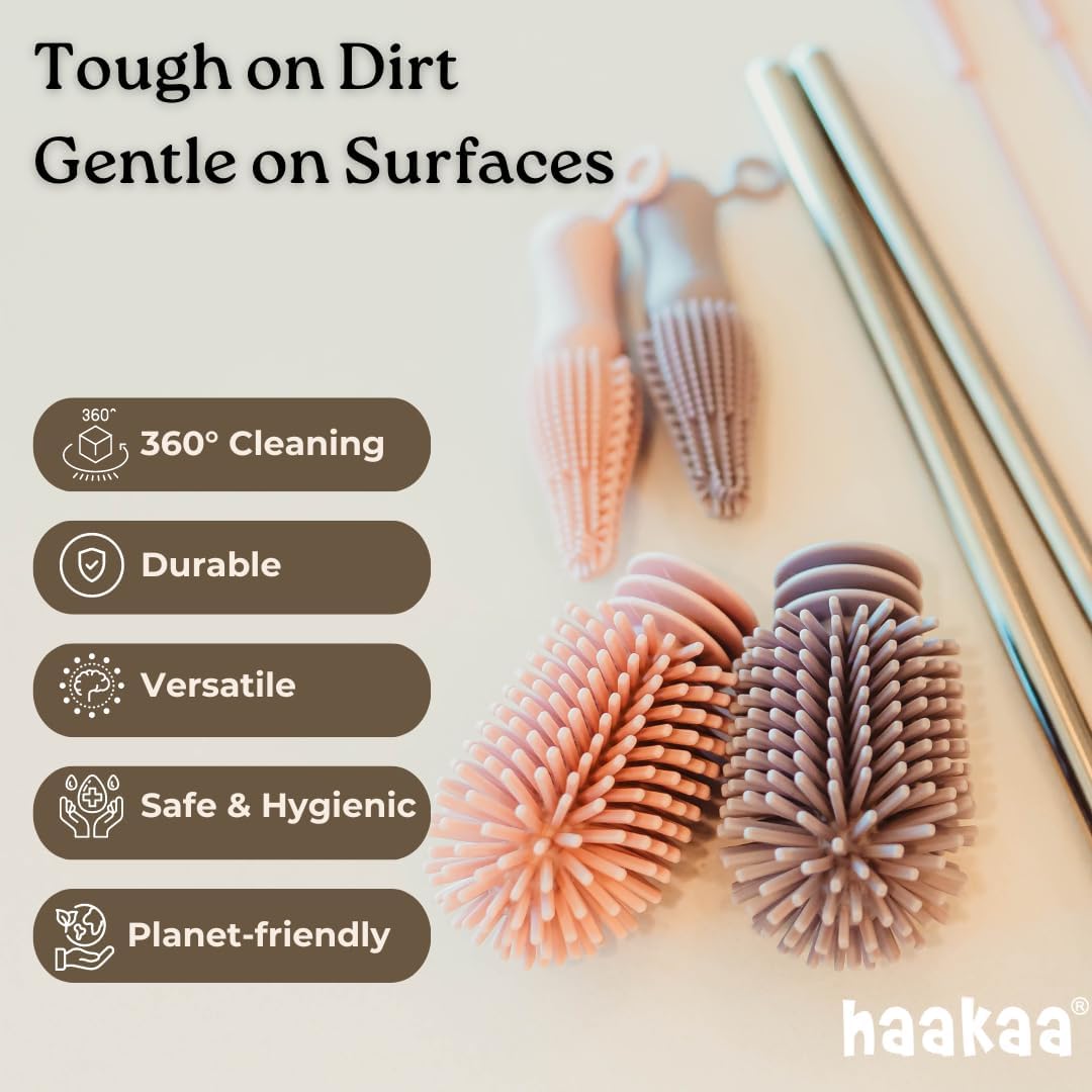 Haakaa Silicone Cleaning Brush Kit – Household Cleaning Brushes for Bottles and Crevices – Food-Grade Silicone: Dishwasher Safe (Kit-Blush)