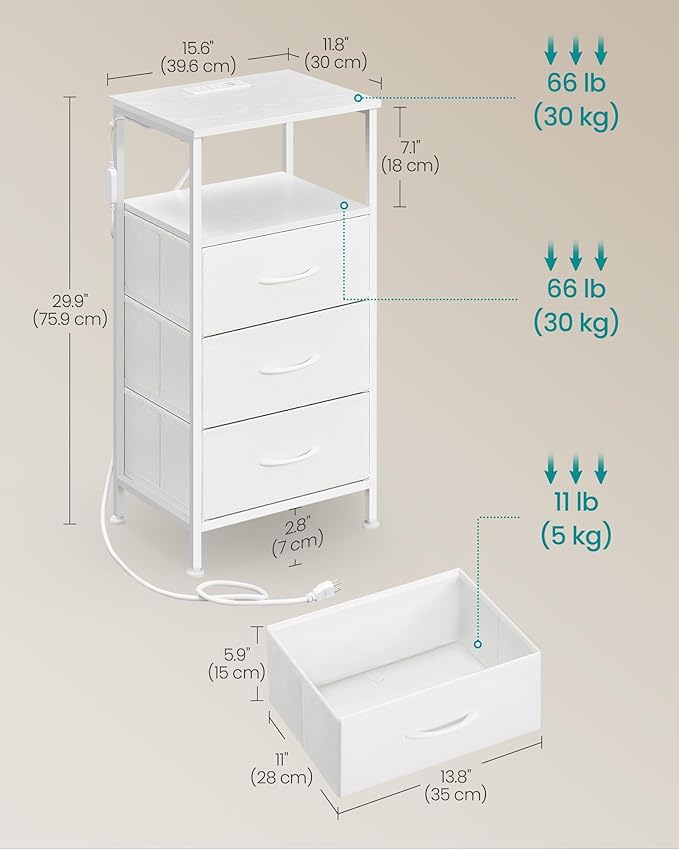 SONGMICS BELLAH Collection - Nightstand with Charging Station and App-Controlled Adjustable LED Lights, Bed Side Table, 3 Drawer and 1 Open Shelf, Bedroom, Cloud White and Snow White ULGS303WH01S