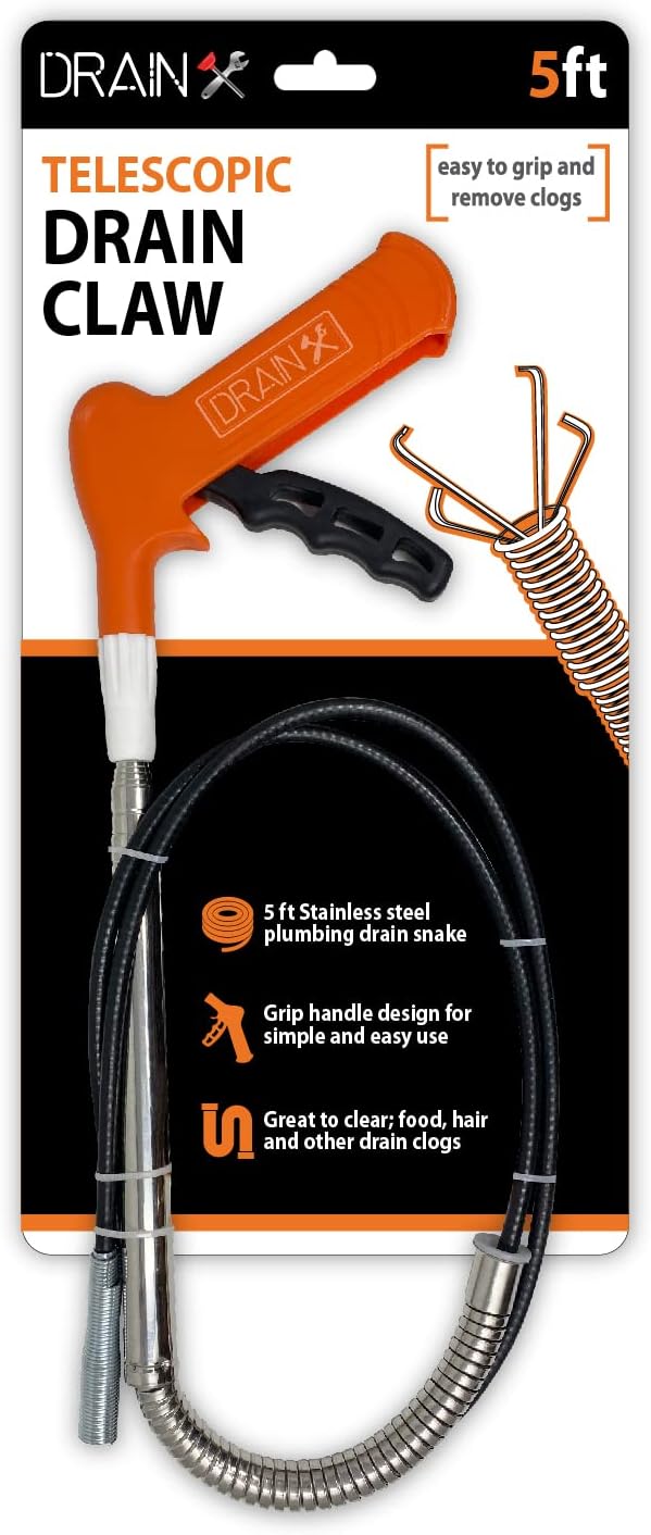 Pistol Grip Grabber Claw, Drain Clog Pickup Snake, Remove Hair and Clogs from Sink, Shower, Tub, Toilet Drains, 5-Ft