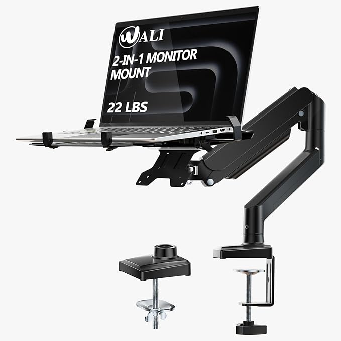 WALI Laptop Desk Mount, 2-in-1 Monitor Mount Fit 17” Notebook and 34” Monitors, Laptop Stand for Desk Adjustable Height, Gas Spring Monitor Arm with Laptops Holder, Up to 22-26.4lbs(GSMP001LPN), Black