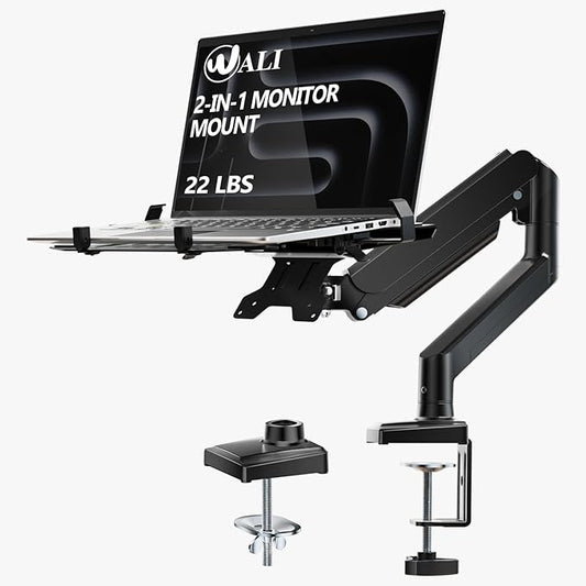 WALI Laptop Desk Mount, 2-in-1 Monitor Mount Fit 17” Notebook and 34” Monitors, Laptop Stand for Desk Adjustable Height, Gas Spring Monitor Arm with Laptops Holder, Up to 22-26.4lbs(GSMP001LPN), Black