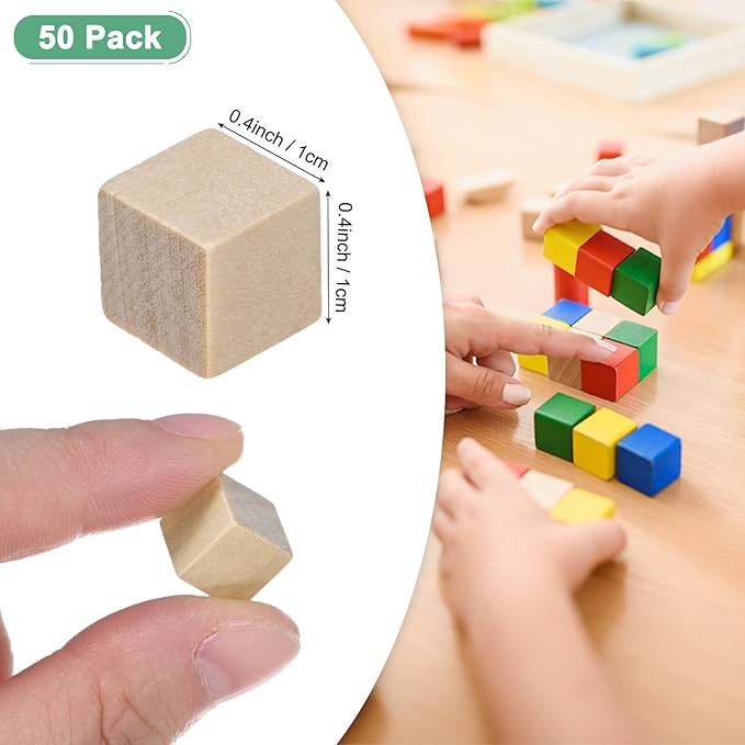 50-Pack DIY Wooden Cube, 0.4 Inch(1 Cm) Colored Natural Wood Blocks for Crafts Making Puzzle Games/Wedding/Home Decor/Dice/Building, Square Blank Block [Natural Tone]