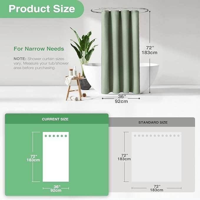 Dynamene Stall Fabric Shower Curtain - 36x72 Waffle Weave Weighted Cloth Shower Curtains for Bathroom, Neutral Heavy Duty Hotel Spa Luxury Bath Curtain Set with 6 Plastic Hooks,Sage Green