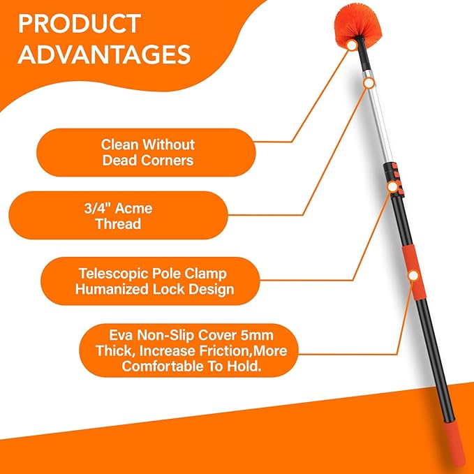 26FT Cobweb Duster with Extension Pole - High Reach Duster for High Ceilings & Outdoor Use - Telescoping Pole 5-20 Ft, Soft Bristles Cobweb Cleaner - 3/4" Acme Universal Thread